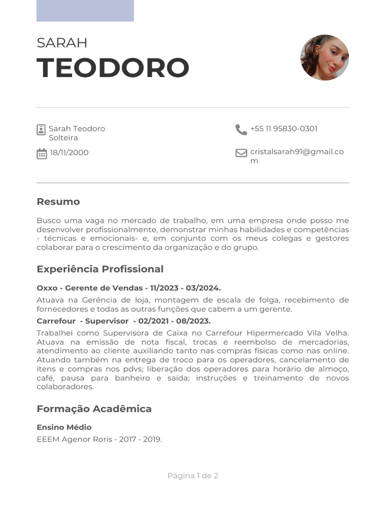 Currículo de Sarah Teodoro - Vendas e Supervisão | PDF