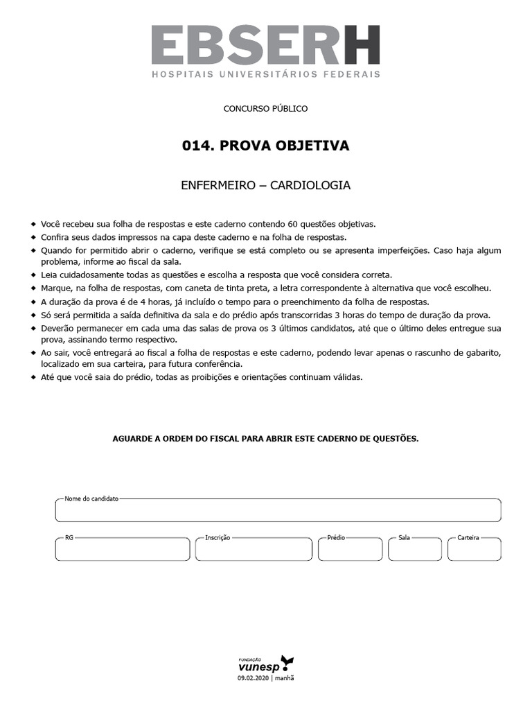 Vunesp 2020 Ebserh Enfermeiro Cardiologia Prova | PDF | Enfermagem ...