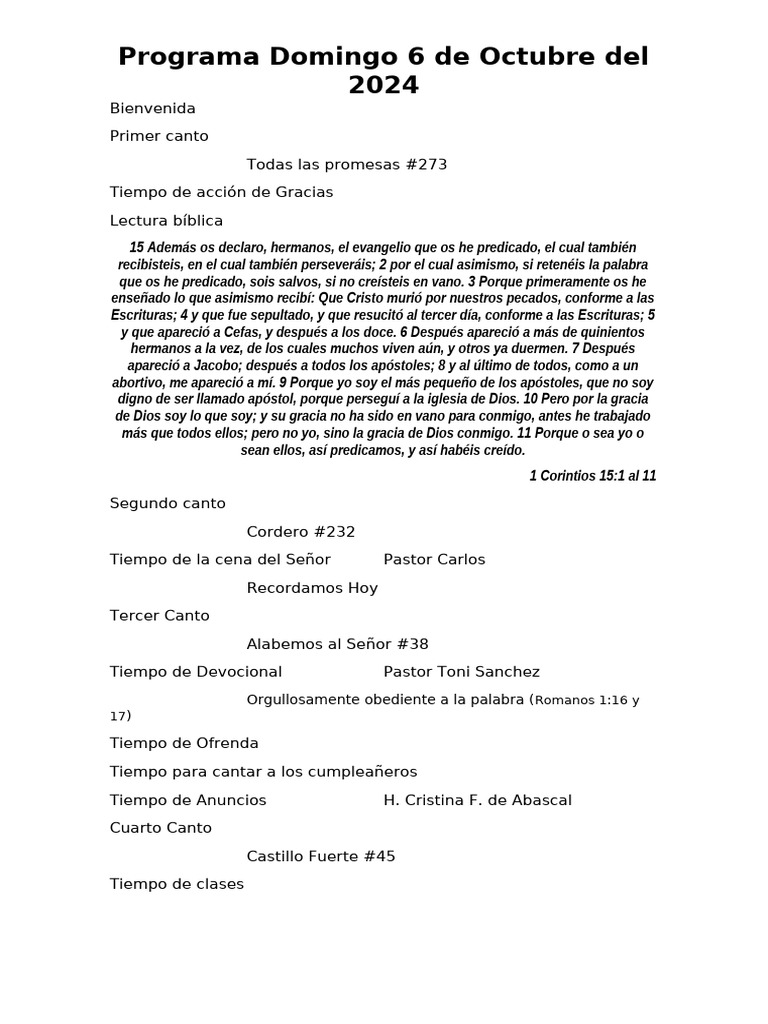 Programa Dominical y Lectura Bíblica | PDF