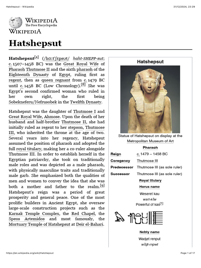 Hatshepsut: Facts and Achievements | PDF | Hatshepsut | Ancient Egyptian  Religion