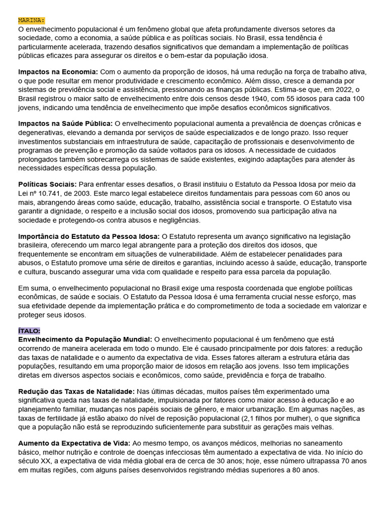 Envelhecimento Da População Mundial e Brasileira | PDF | Envelhecimento ...