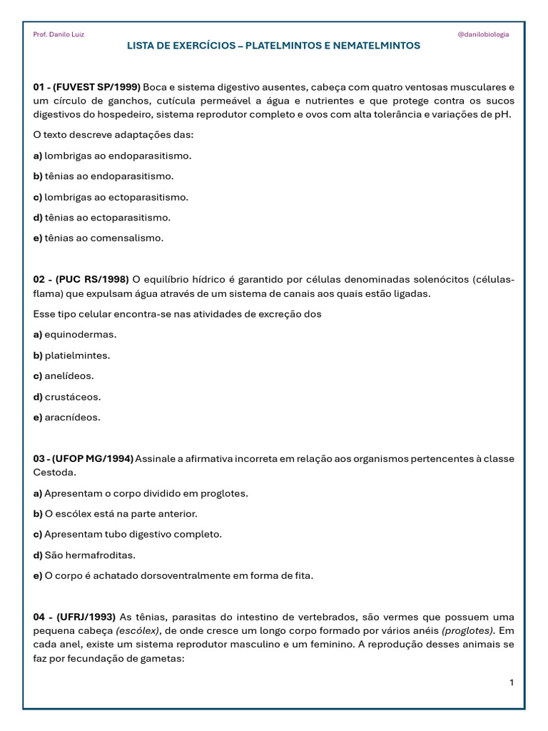 Exercícios sobre Platelmintos e Nematelmintos | PDF | Nematoda