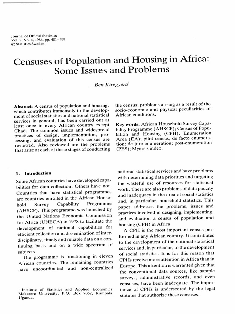Censuses of Population and Housing in Africa Some Issues and Problems | PDF