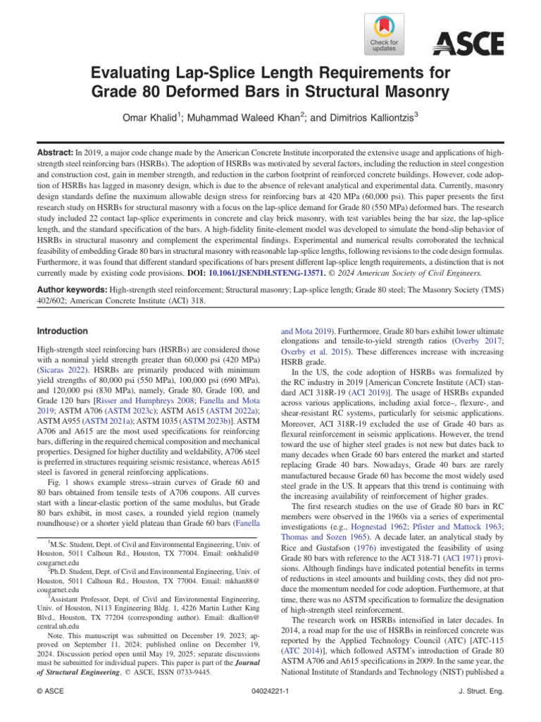 Khalid Et Al 2024 Evaluating Lap Splice Length Requirements For Grade ...