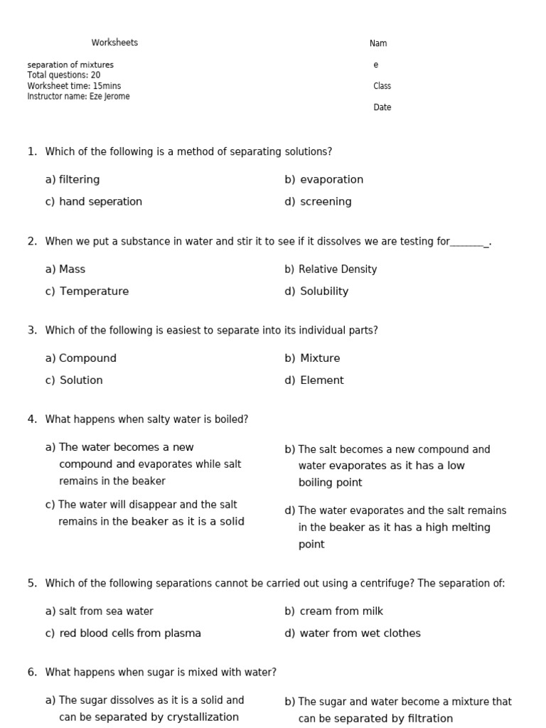 Separation of Mixtures Worksheets | PDF | Mixture | Filtration