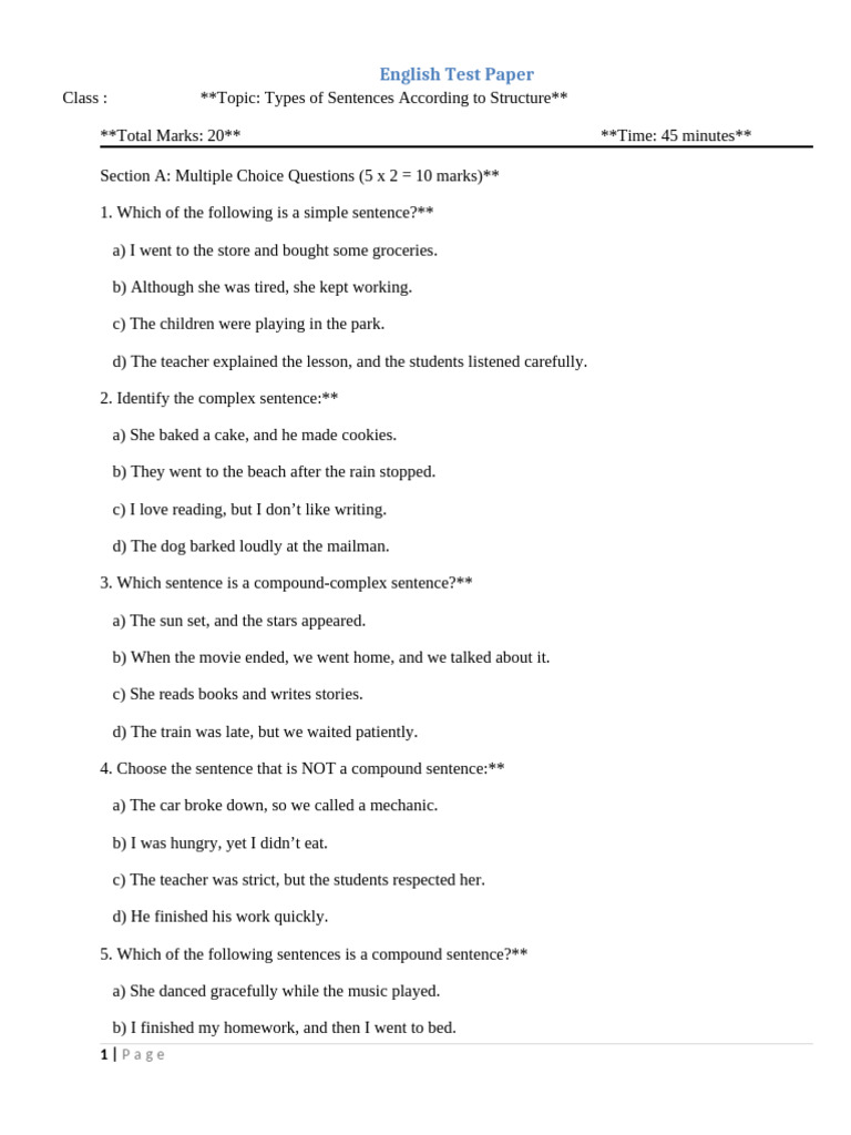 English Test Paper | PDF | Sentence (Linguistics) | Language Mechanics