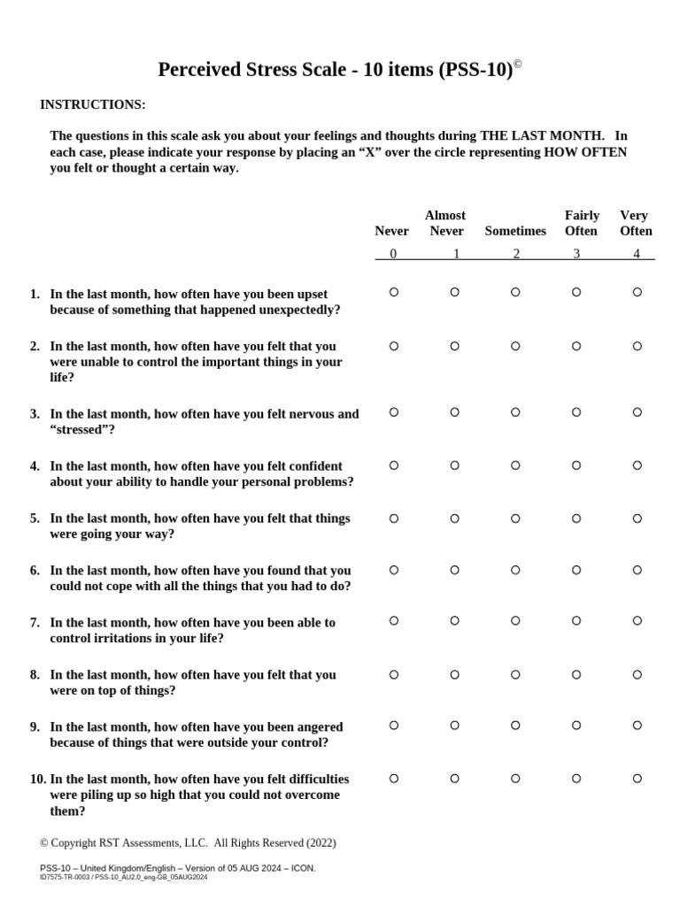 Perceived Stress Scale (PSS-10) Questionnaire | PDF