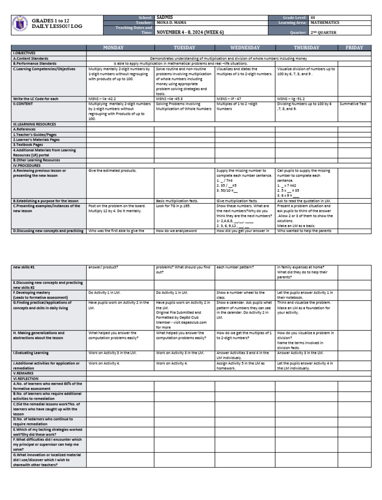Grade 3 Math Daily Lesson Plan | PDF | Learning | Behavior Modification