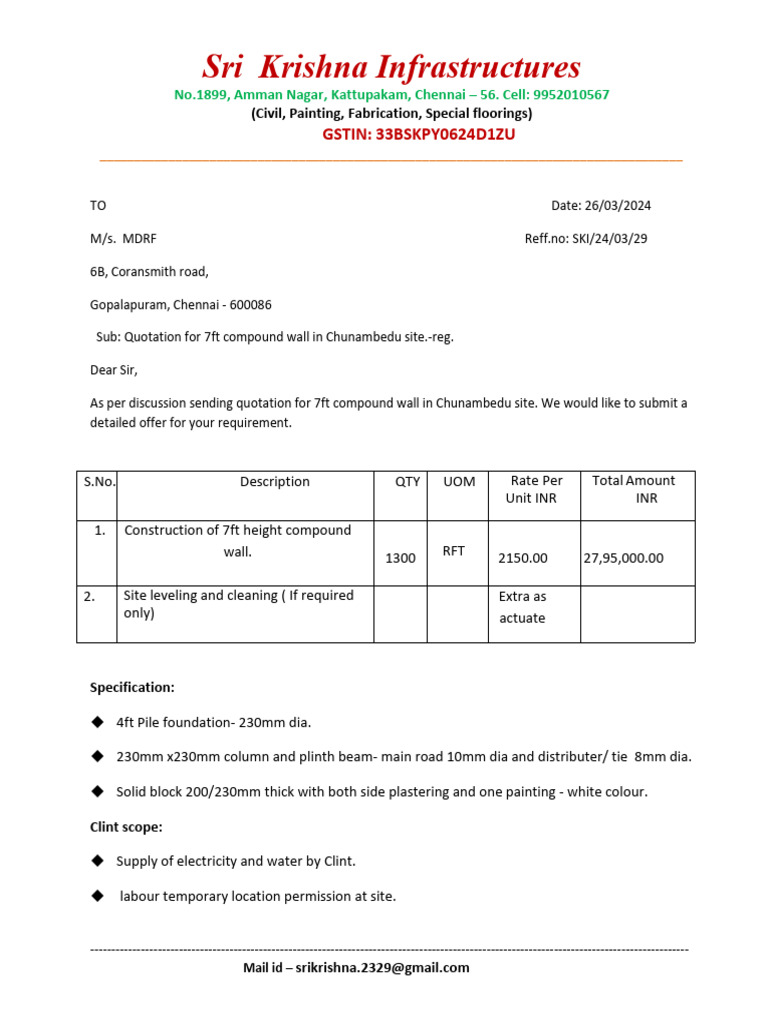 Quotation for 7ft Compound Wall | PDF | Building Engineering
