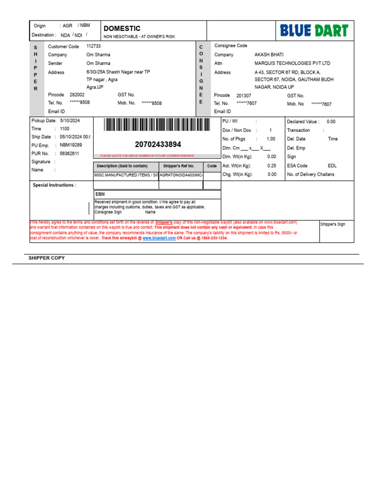 Non-Negotiable Waybill Template | PDF | Taxes | Trade