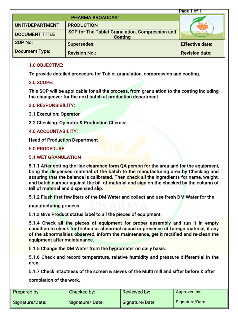 Tablet Granulation and Coating SOP | PDF | Tablet (Pharmacy)