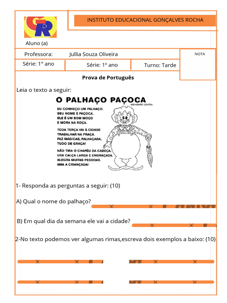 Prova de Português para 1º Ano | PDF