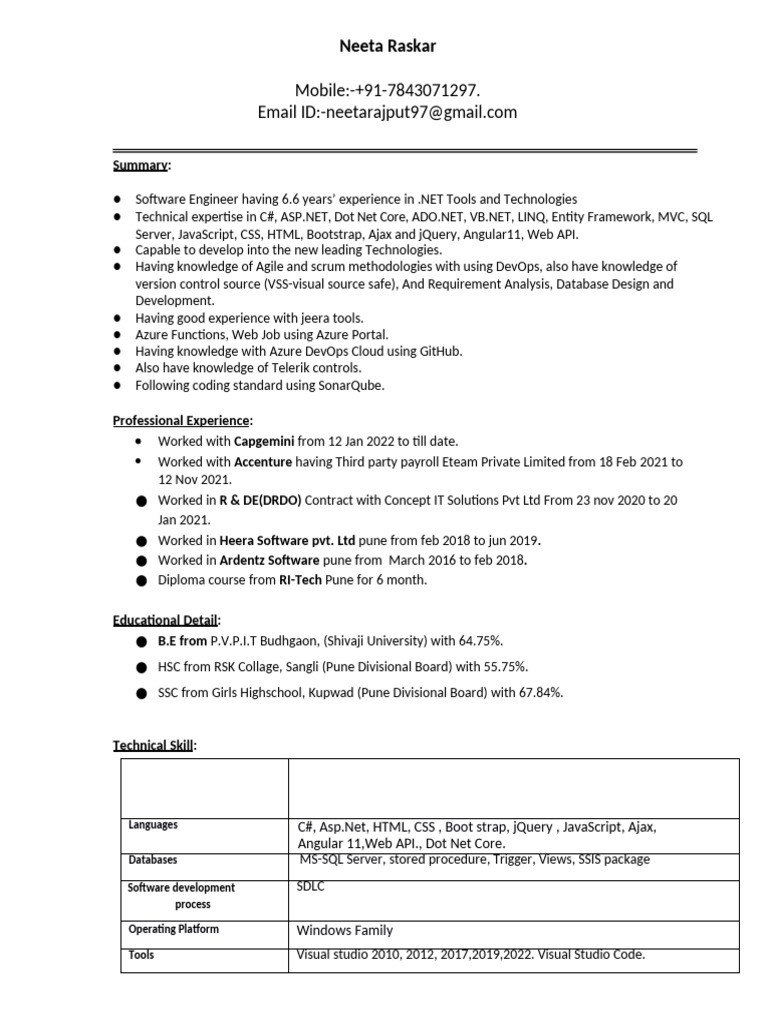 .NET Software Engineer Resume Summary | PDF | Entity Framework ...