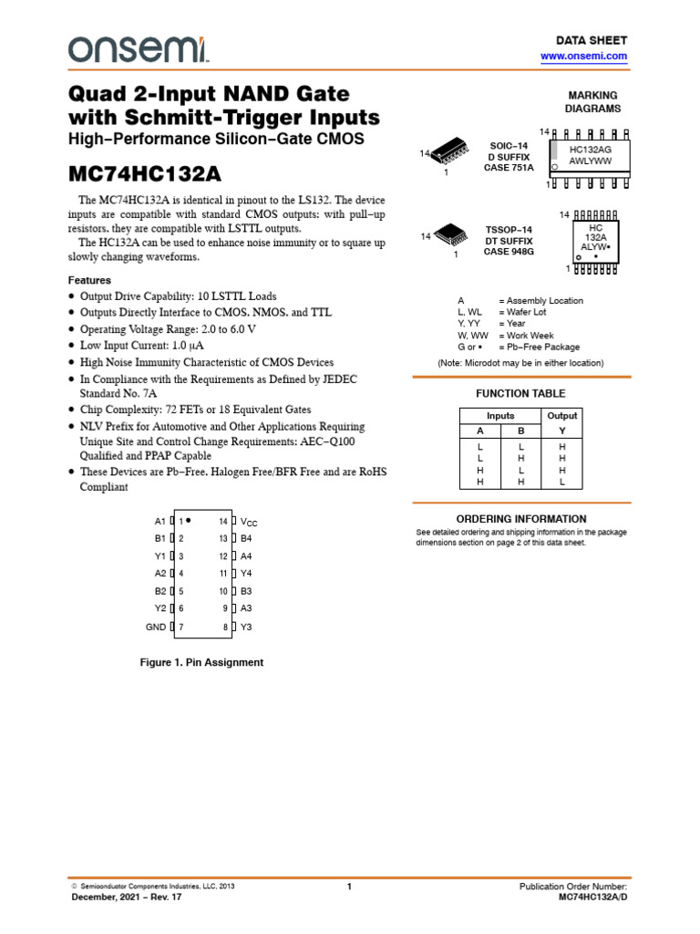MC74HC132A Quad NAND Gate Datasheet | PDF | Cmos | Anode