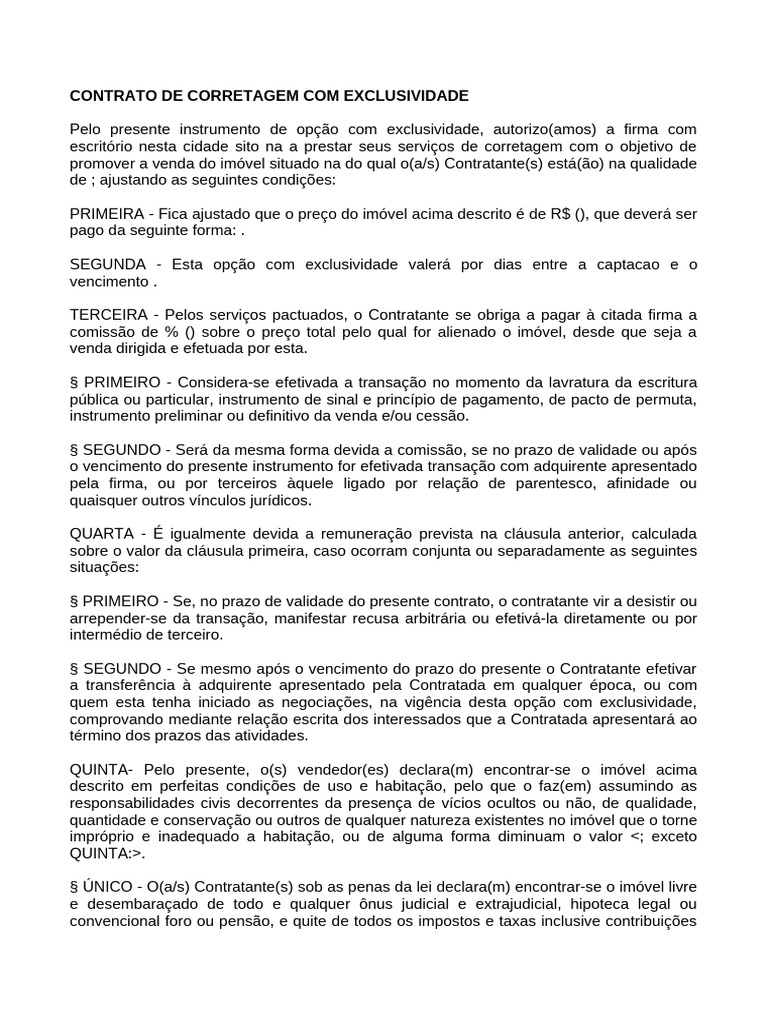 Contrato de Corretagem Exclusiva Imobiliária | PDF
