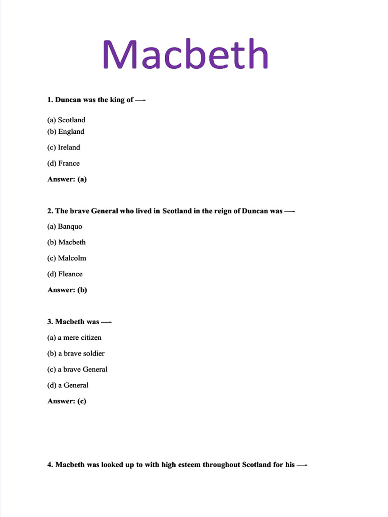 Macbeth: Key Facts and Quiz Questions | PDF | Macbeth | Shakespearean ...