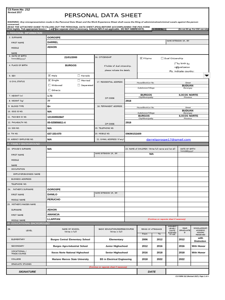 Personal Data Sheet CS Form 212 | PDF | Government | Justice