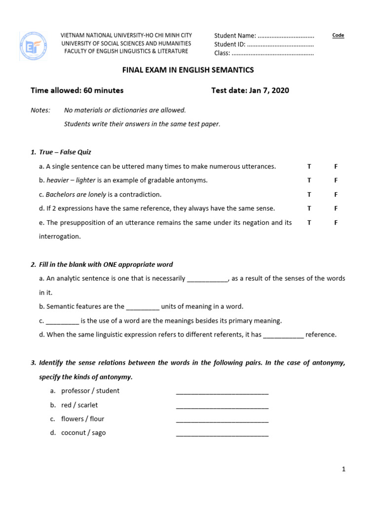 English Semantics Final Exam Guide | PDF | Human Communication ...