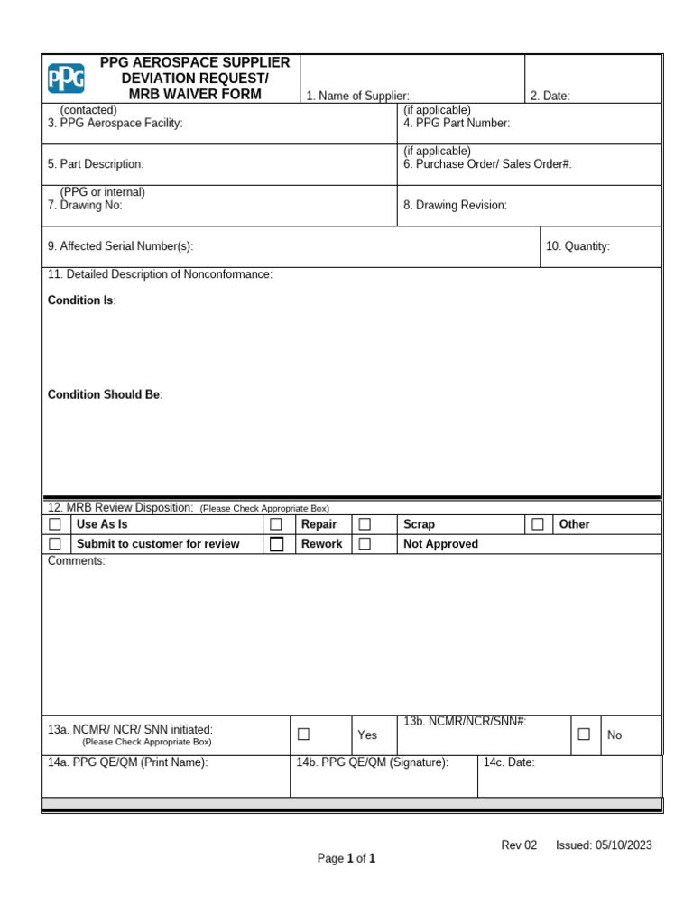 PPG Supplier Deviation Request MRB Waiver Form Rev 02 | PDF