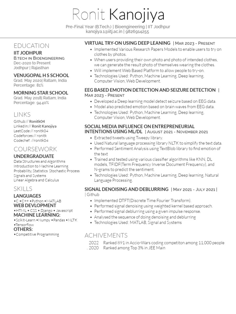 Ronit Kanojiya - Bioengineering Student Profile | PDF | Machine ...