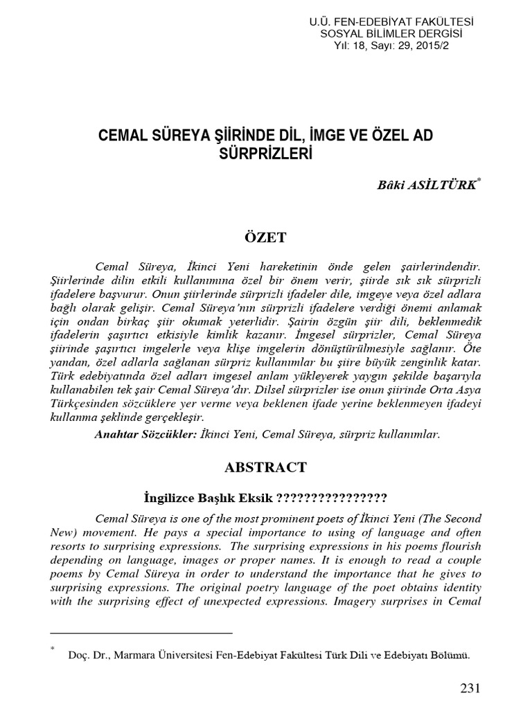 Cemal Sureya Siirinde Dil Imge Ve Ozel A | PDF