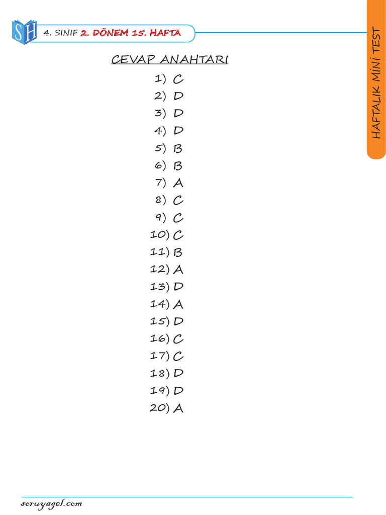 4. SINIF Haftalik Mini Test Cevap Anahtari 15. Hafta Cevap Anahtari | PDF