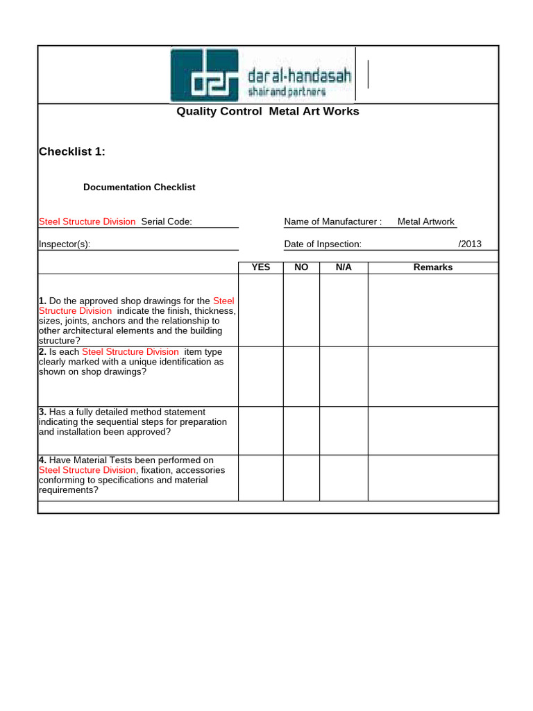 Metal Art Quality Control Checklist | PDF
