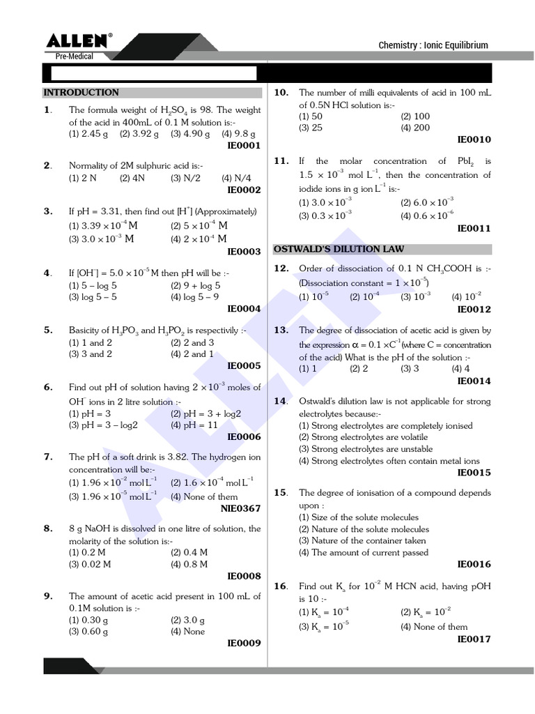 pH Calculations in Ionic Equilibrium | PDF | Ph | Acid
