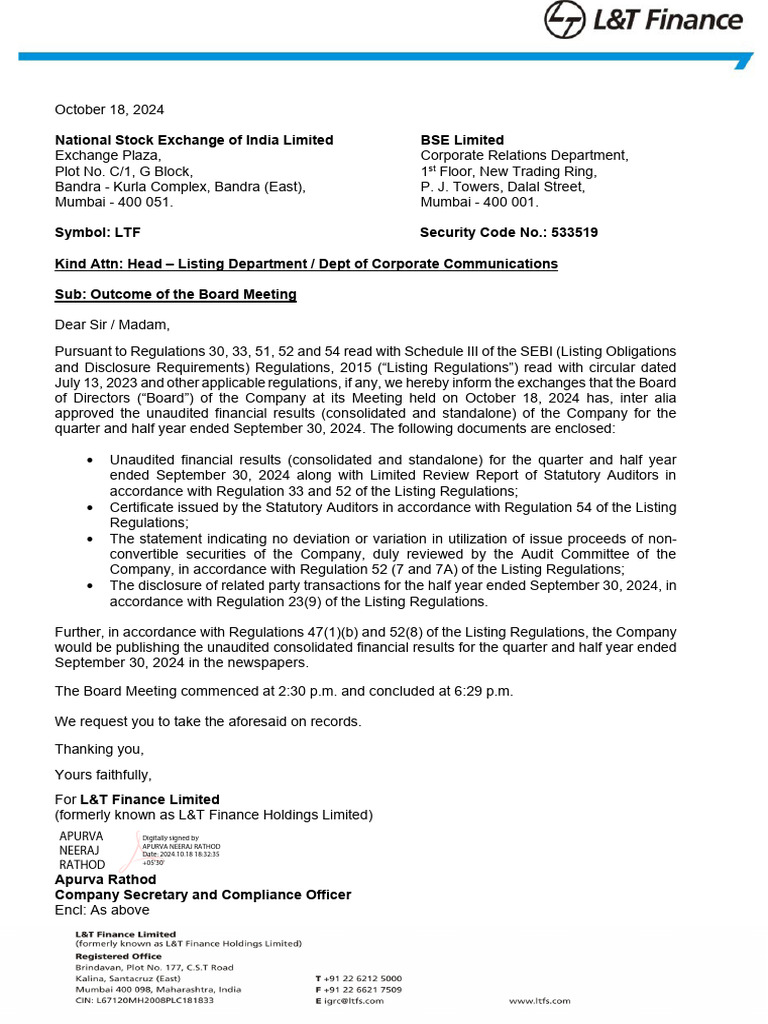 L&T Finance Q2 2024 Financial Results | PDF | Audit | Money