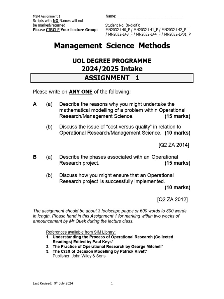 MSM Assignment 1 2024-2025 | PDF | Simulation | Science