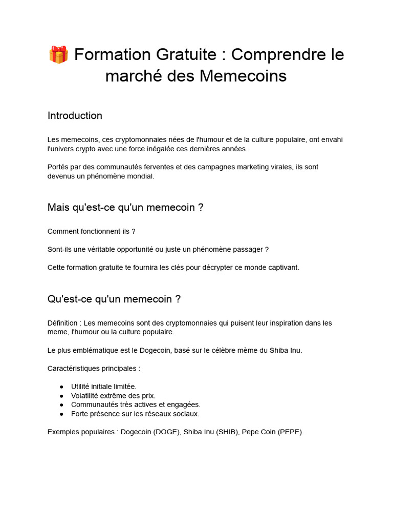 Formation Gratuite - Trading Memecoins | PDF | Liquidité du marché |  Crytomonnaies