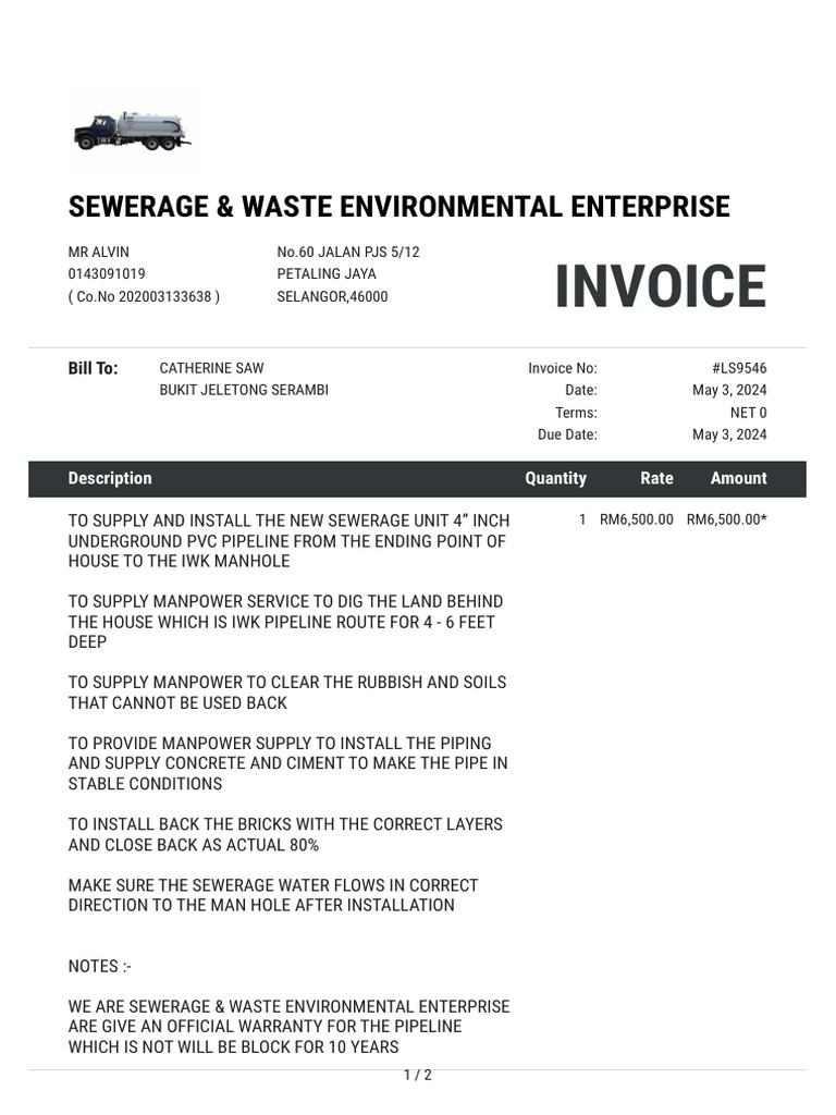Sewerage Installation Invoice #LS9546 | PDF