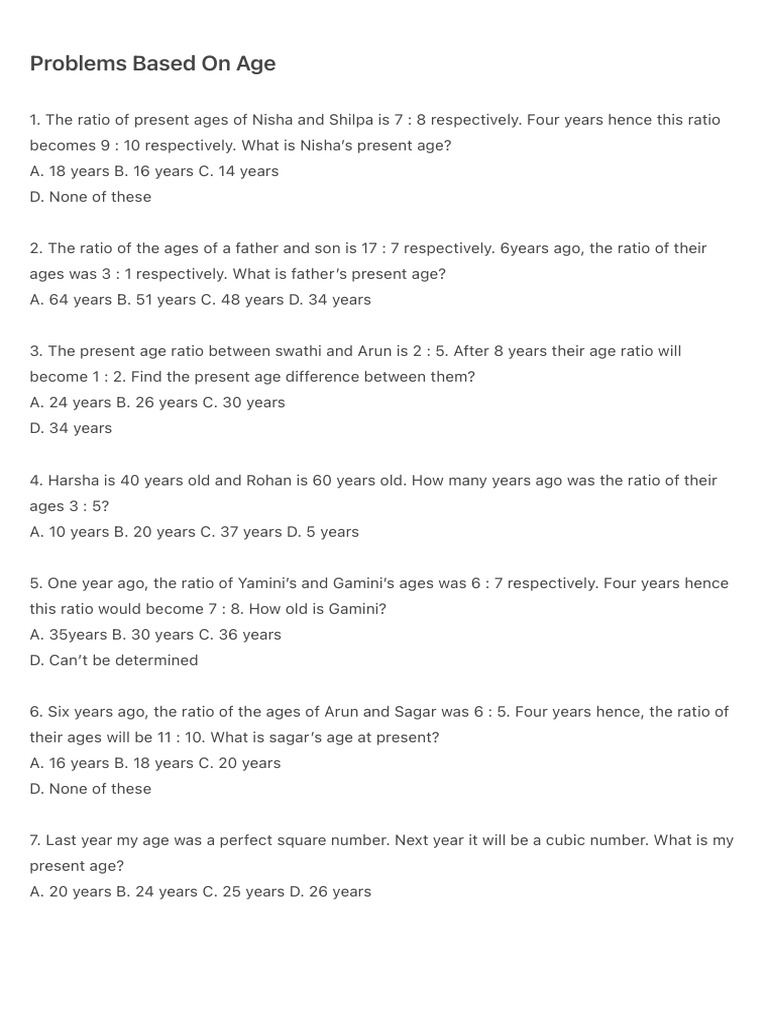 Age Ratio Problems and Solutions | PDF | Elementary Mathematics ...