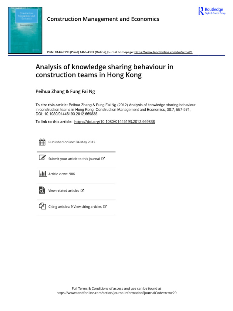 Analysis of Knowledge Sharing Behaviour in Construction Teams in Hong ...