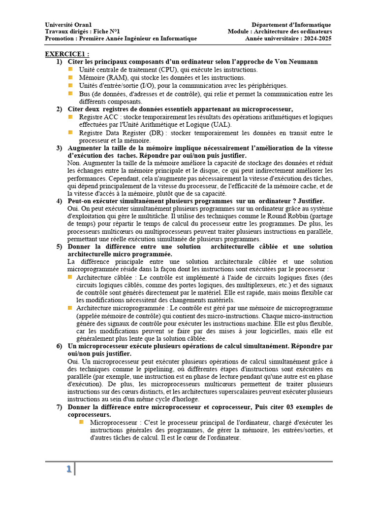 Fiche TD1 corrigé derniére version(2)(1) | PDF | Microprocesseur ...