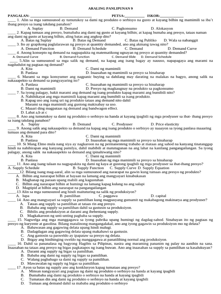 Long Quiz Test in Ap 9 | PDF