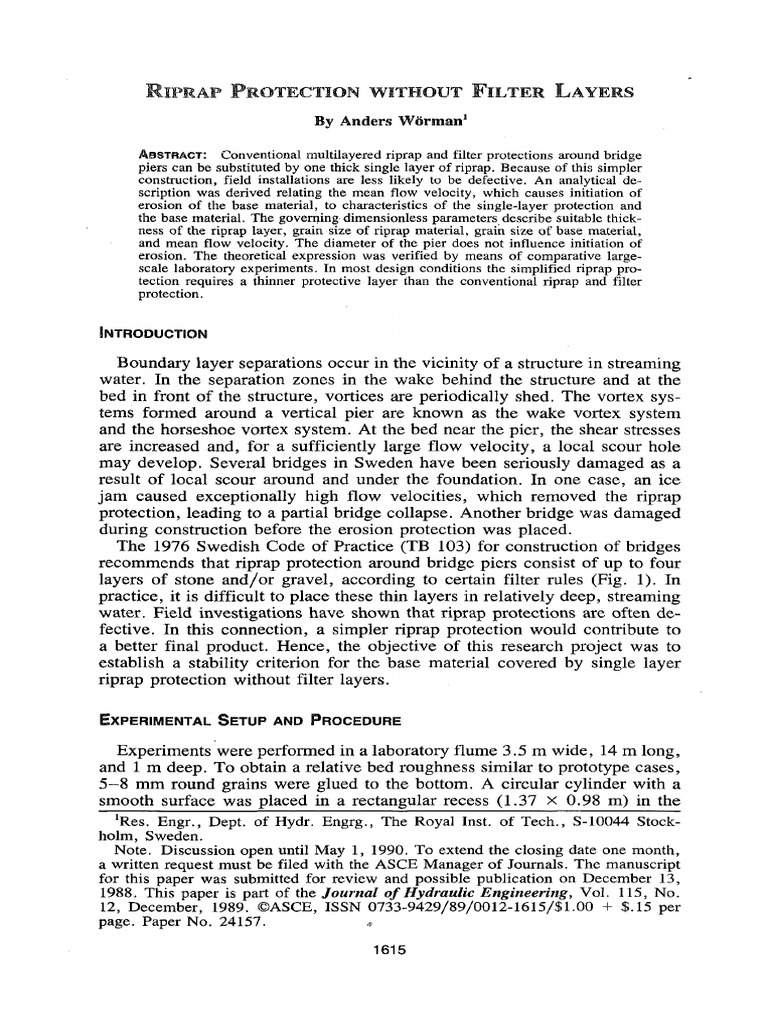 Wörman 1989 Riprap Protection Without Filter Layers | PDF | Vortices ...