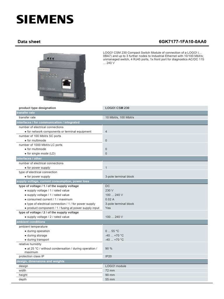 Siemens Logo CSM 230 Datasheet | PDF | Power Supply | Computer Engineering