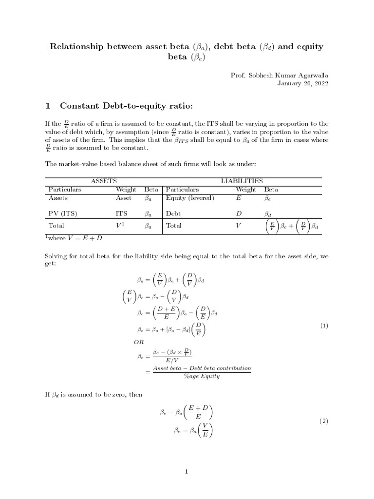 Asset, Debt, and Equity Beta Relationships | PDF | Equity (Finance ...