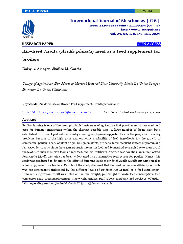 Air-Dried Azolla (Azolla Pinnata) Meal As A Feed Supplement For ...