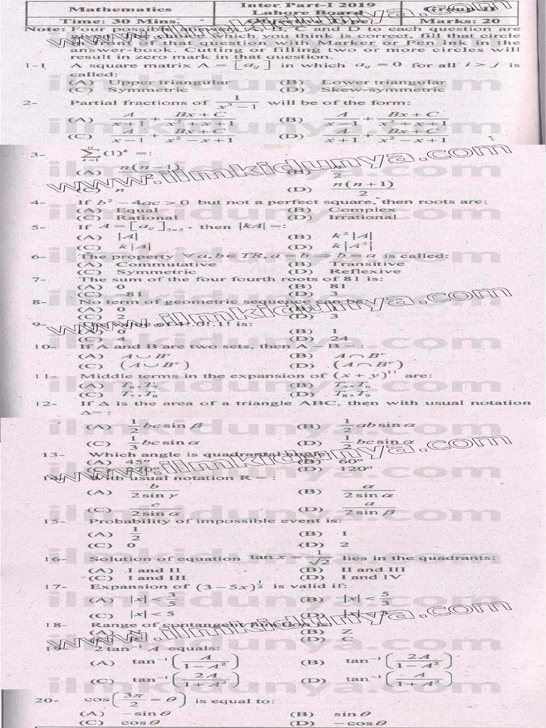 Past Papers 2019 Lahore Board Inter Part 1 Mathematics Group II ...