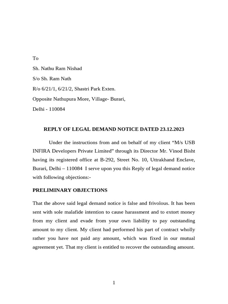 Legal Reply to Demand Notice 2023 | PDF | Private Law | Common Law