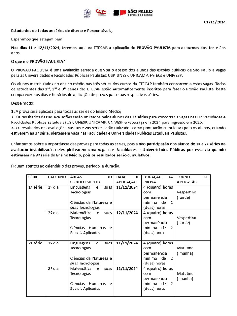 Prova Paulista 2024: 1º Ano Ensino Médio | PDF