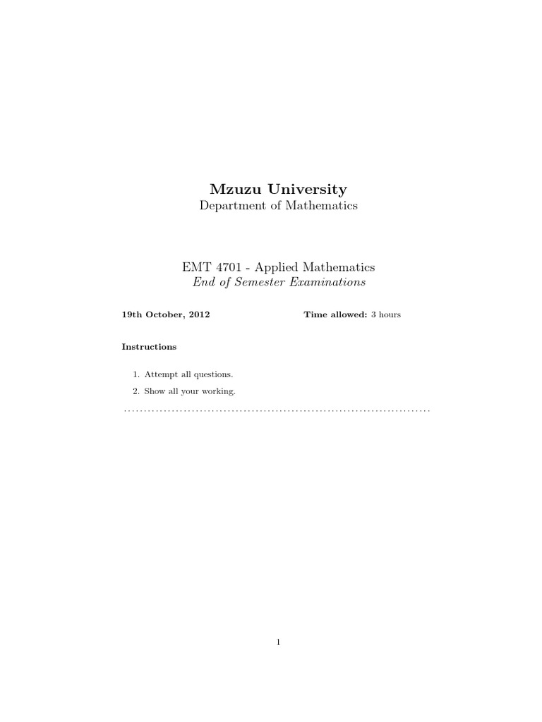 EMT 4701 Applied Mathematics Exam | PDF | Applied And Interdisciplinary ...