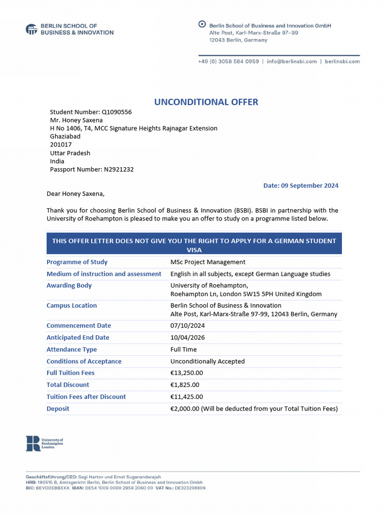 Q1090556 Unconditional Offer Letter - Honey Saxena | PDF | Travel Visa ...