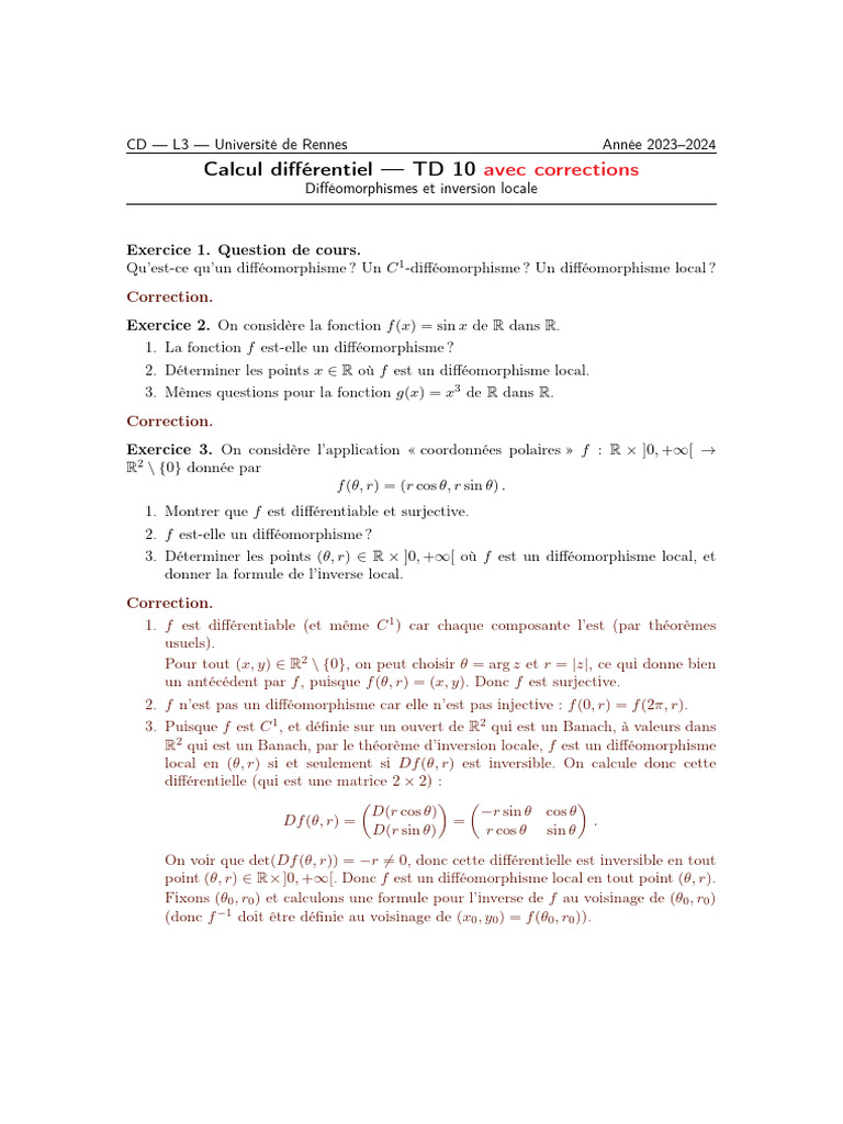 Exercices corrigés sur les difféomorphismes | PDF | Variété ...