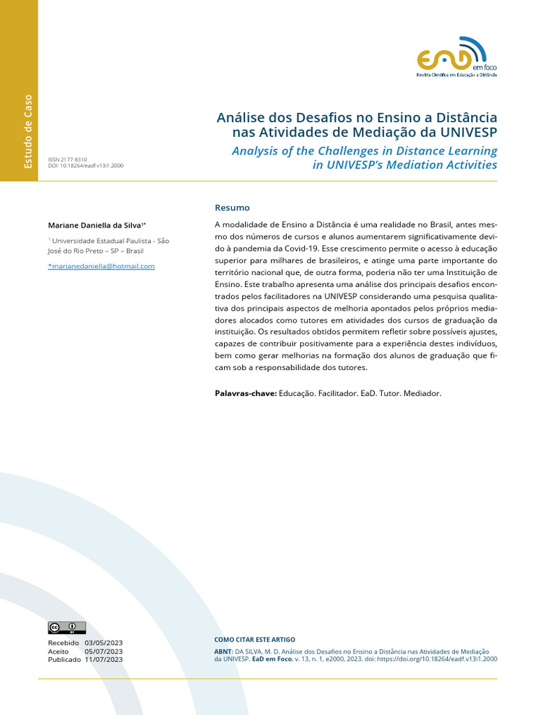 Desafios da Mediação na EaD da UNIVESP | PDF | Educação à distância