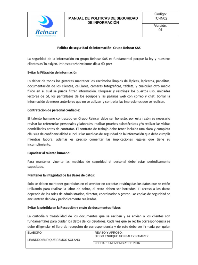 TC-IN02 Manual de Seguridad de Informacion v1 | PDF | Seguridad de ...
