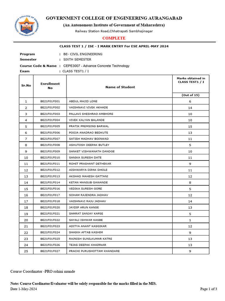 BE Civil Engineering Test Marks Entry | PDF