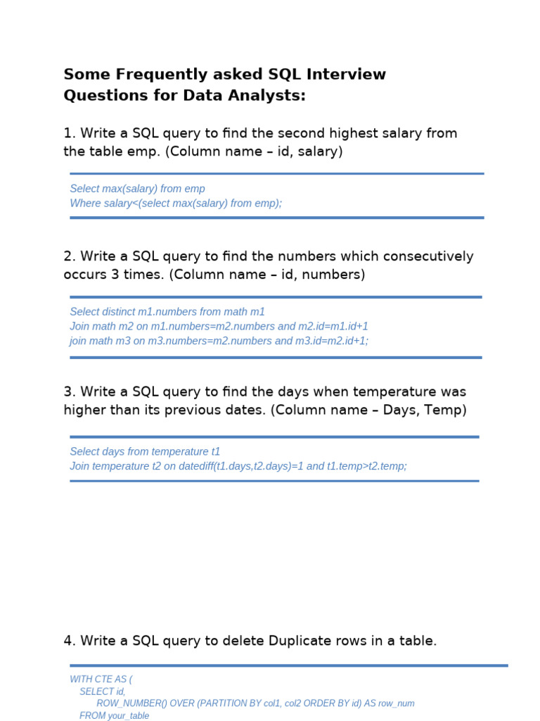 SQL Interview Questions for Data Analysts | PDF | Microsoft Excel ...